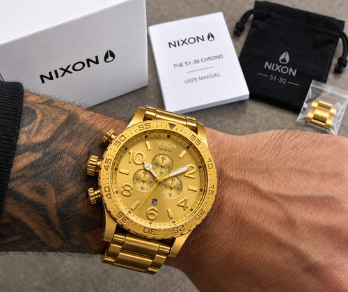 Nixon 51-30 Chrono All Gold A083-502 worn on the wrist, showing the 51mm case size