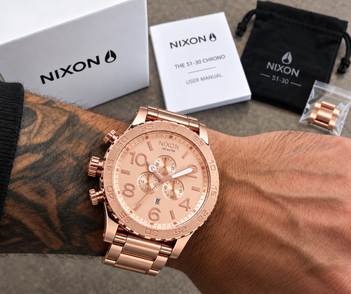 Nixon 51-30 Chrono All Rose Gold A083-897 worn on the wrist, showing the 51mm case size