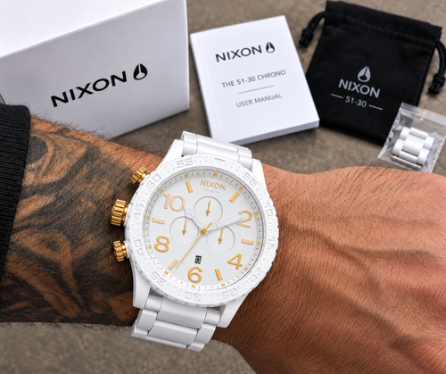 Nixon 51-30 Chrono All White Gold A083-1035 worn on the wrist, showing the 51mm case size