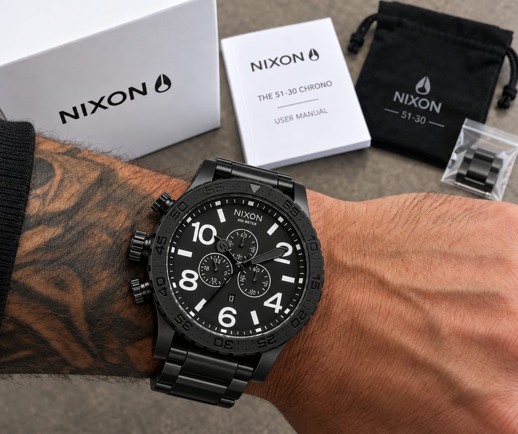 Nixon 51-30 Chrono in Black White — dial detail